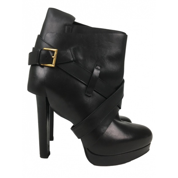 Alexander McQueen Shoes - ALEXANDER McQUEEN black leather platform boots with straps. Box/bag included